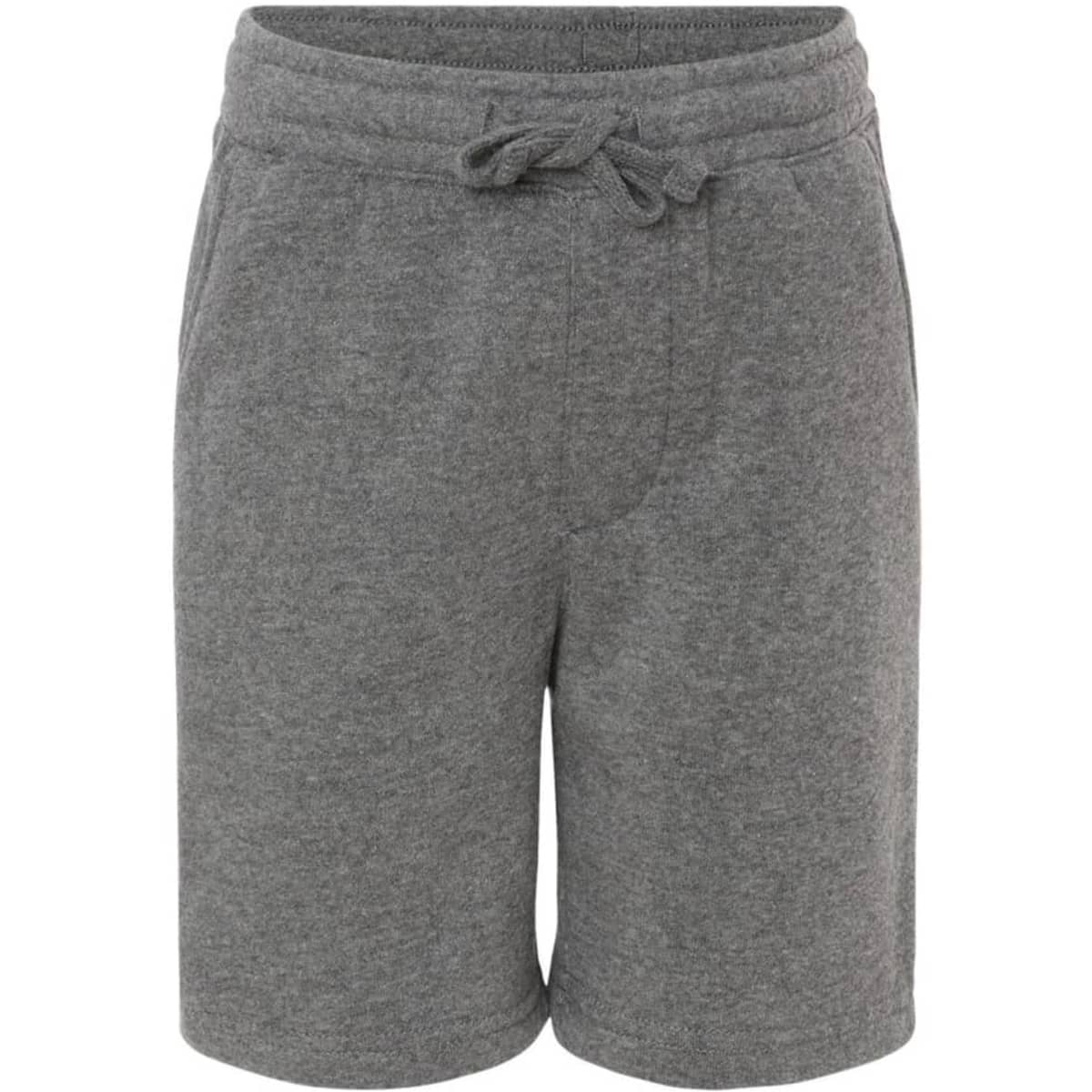 A pair of grey toddler sweatshorts with an elastic waistband and drawstring. There is a front pocket and no visible branding.