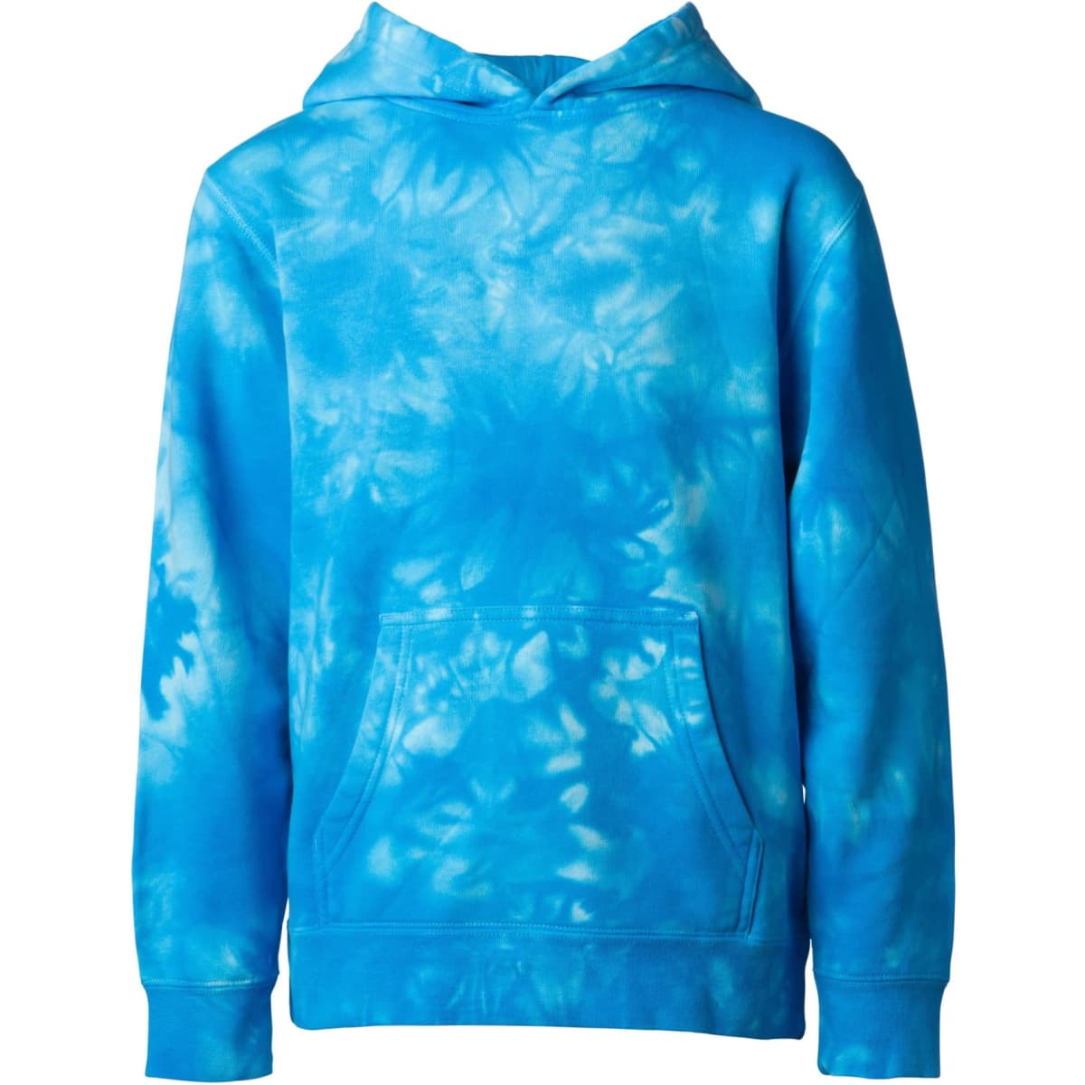 A youth pullover hoodie in blue tie-dye with a front pocket and a hood. It features a subtle, cloud-like pattern.