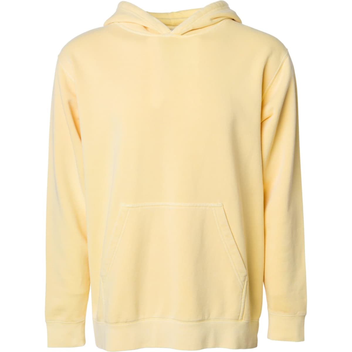A yellow pigment dye pullover hoodie with a front pocket and a hood. It has a simple design and features a logo.
