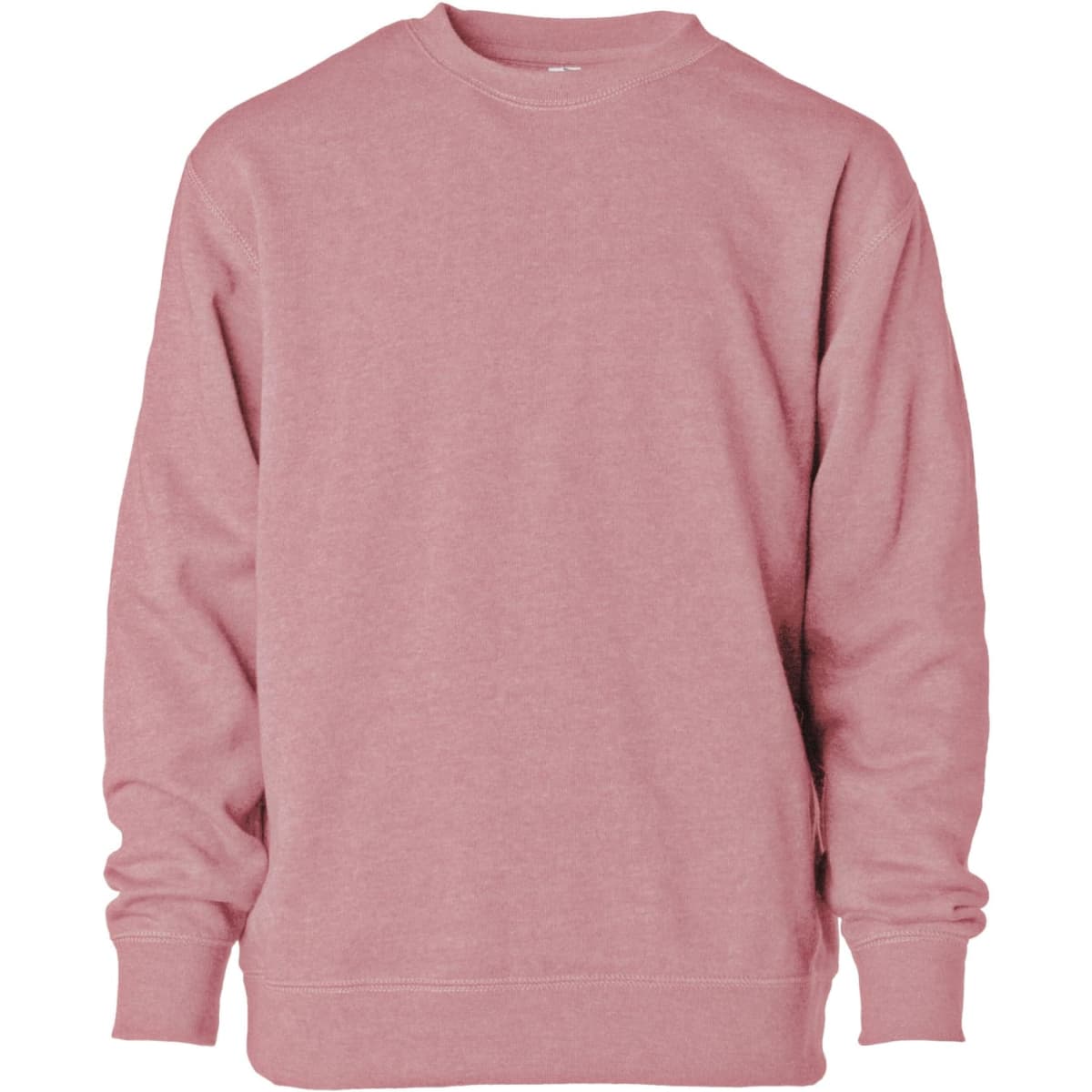 A pink crew sweatshirt with long sleeves and a plain design. It features a logo or branding on the fabric.