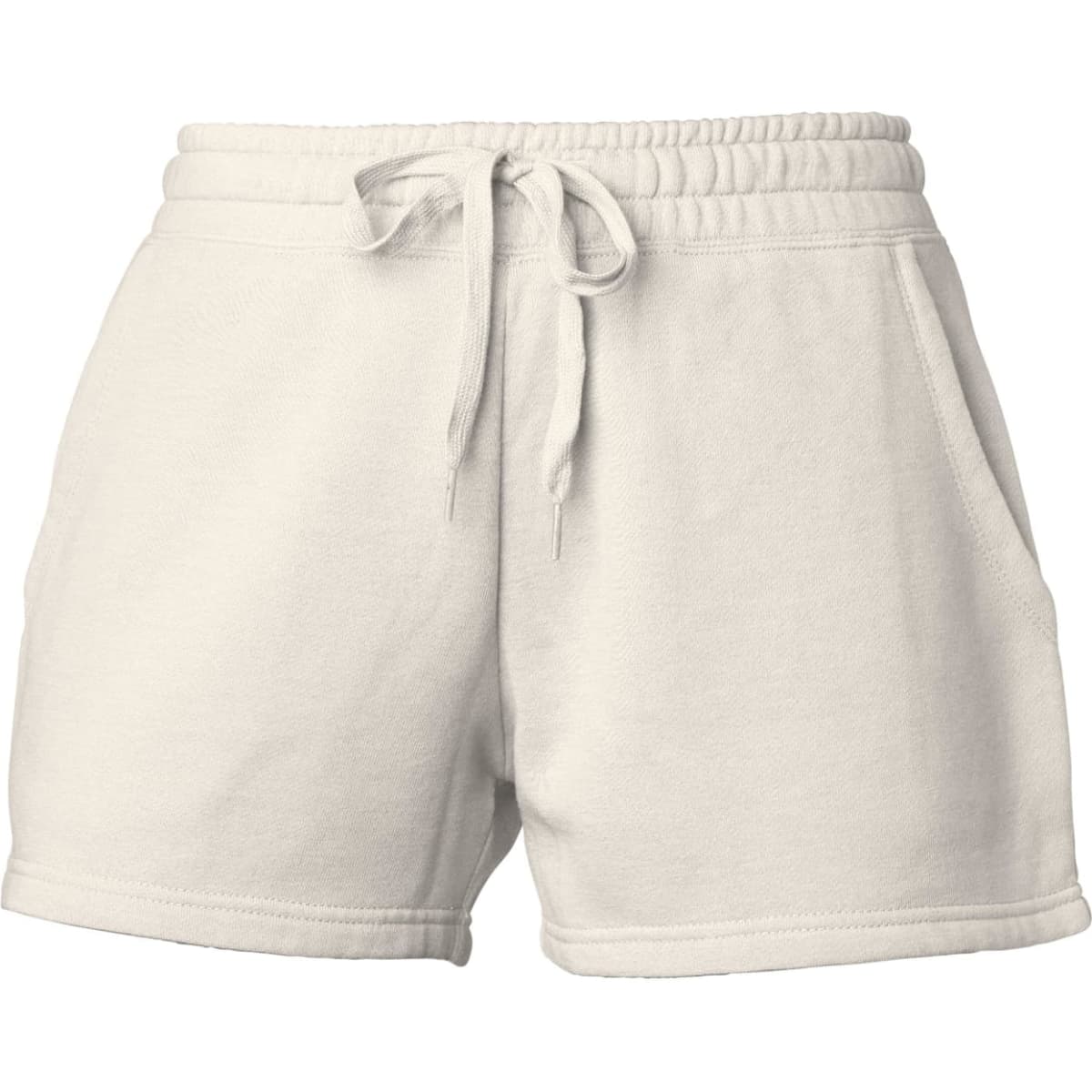 Cream-coloured women's sweatshorts featuring an elastic waistband, drawstring, and side pockets.