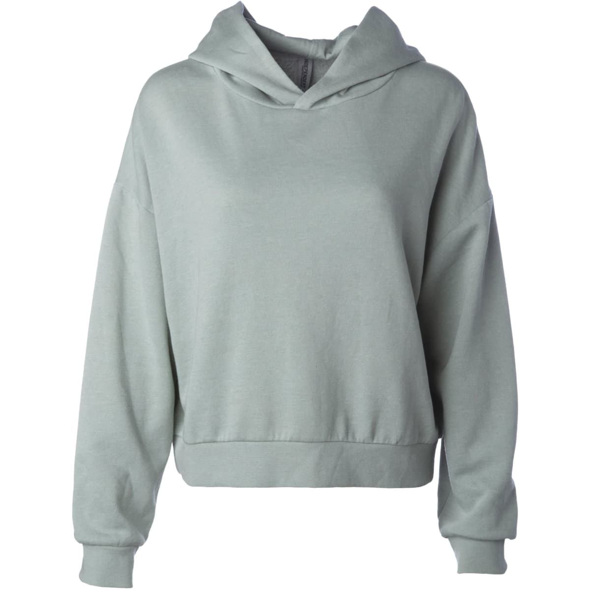 A light grey hoodie with a front pocket and an attached hood. It has loose sleeves and a casual fit. 