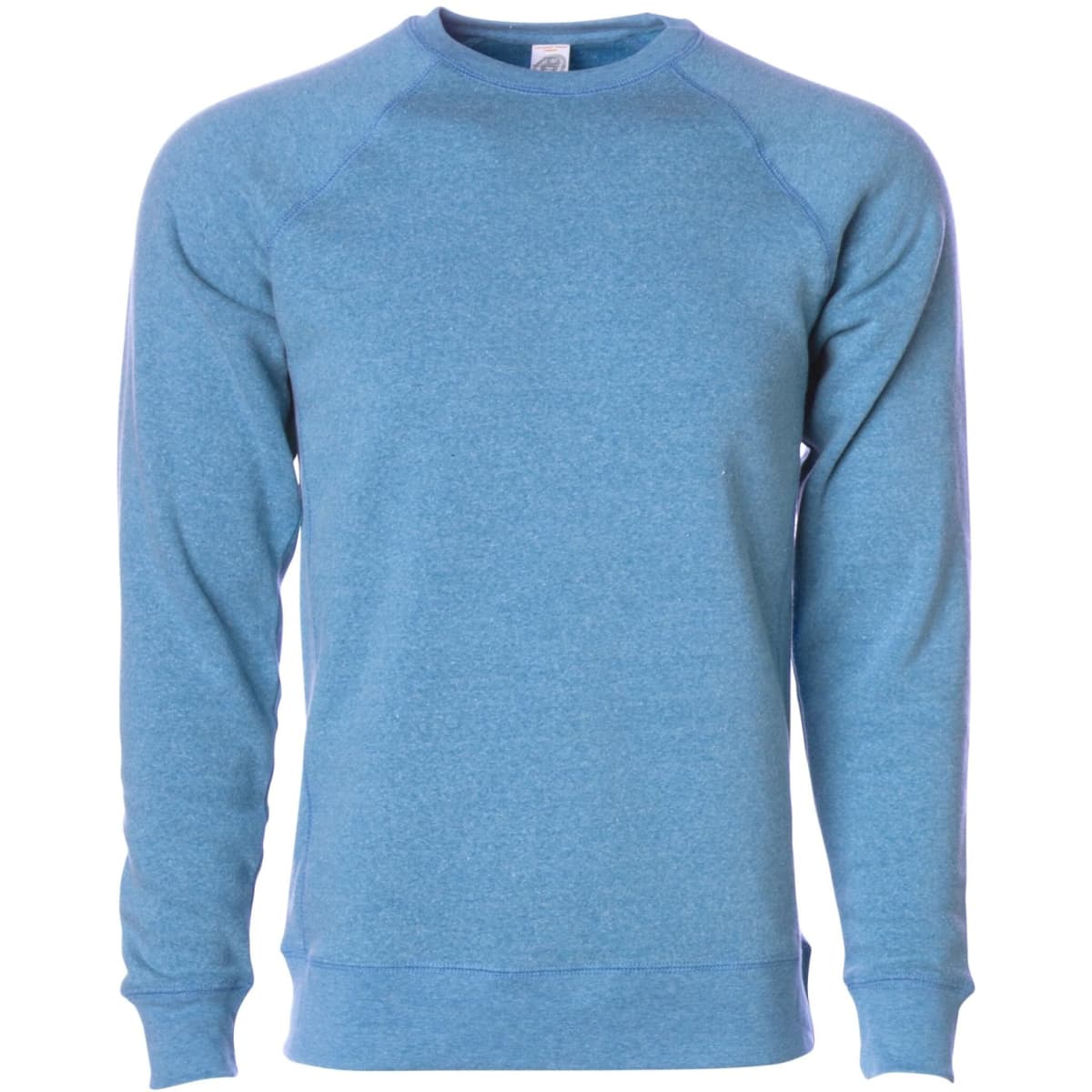 A unisex crew sweatshirt in a light blue colour, featuring a raglan style and a logo on the front.