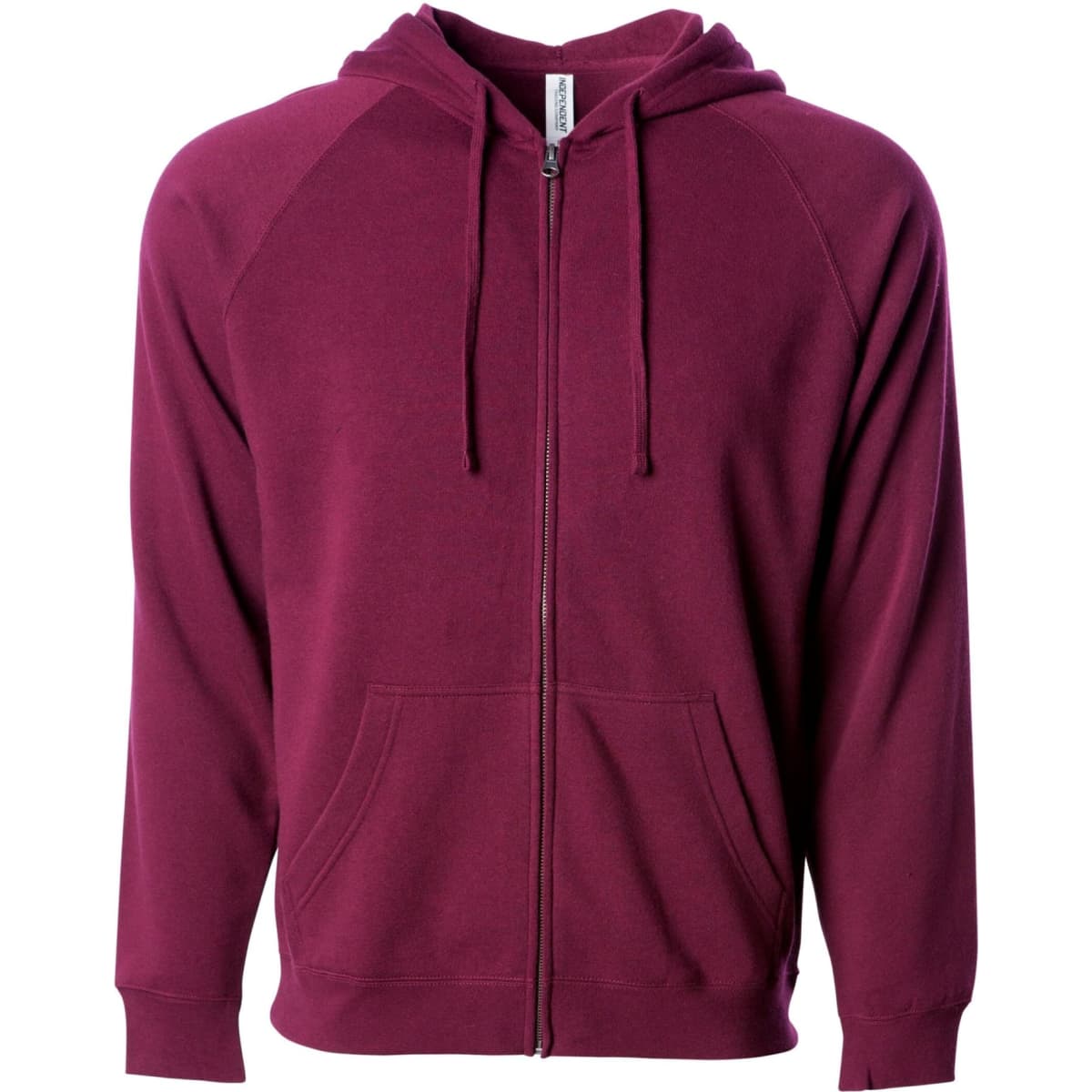 A unisex zip hoodie in a rich burgundy colour, featuring a full zip and front pockets. It has a logo on the label.