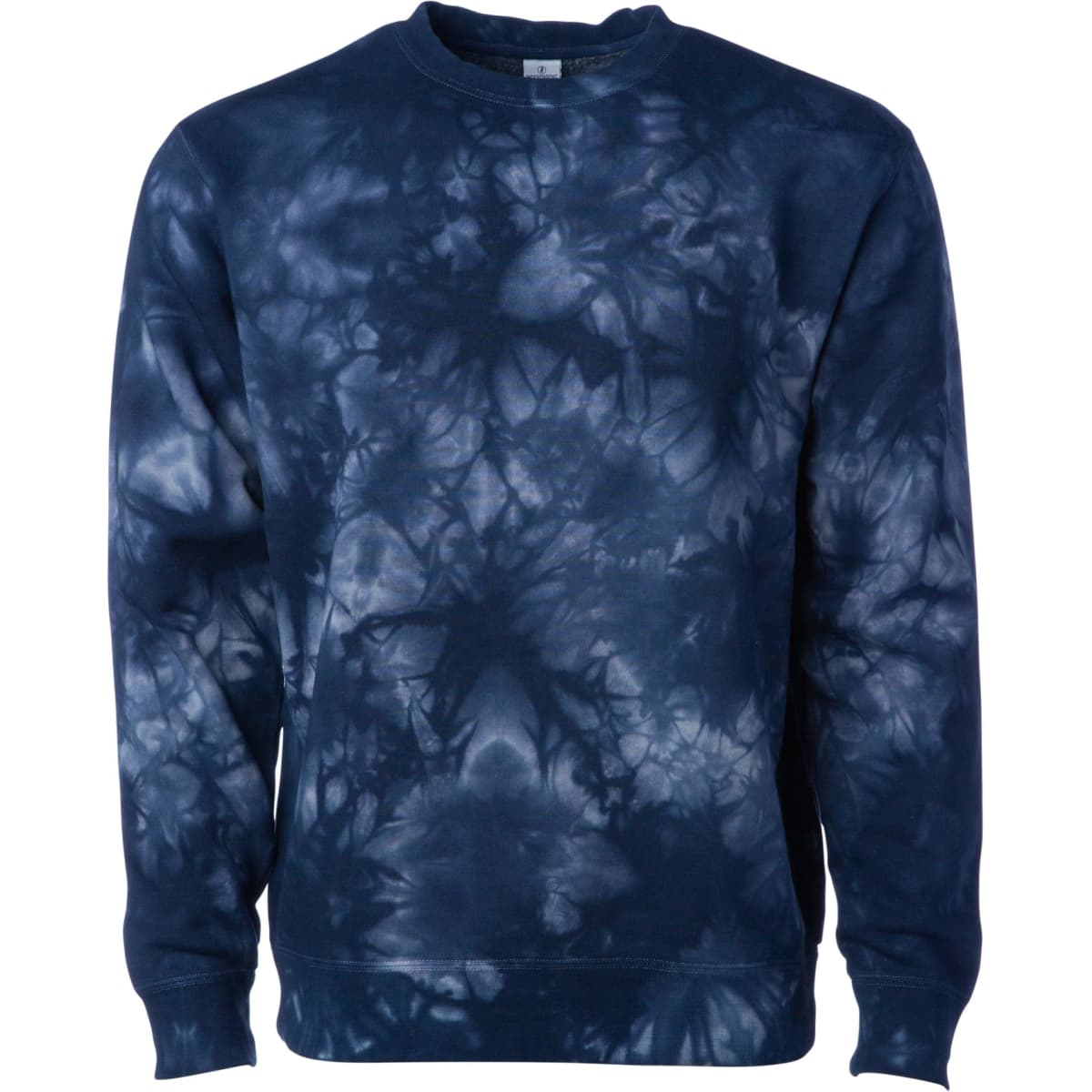 A unisex crew sweatshirt featuring a navy blue tie-dye pattern and a logo.