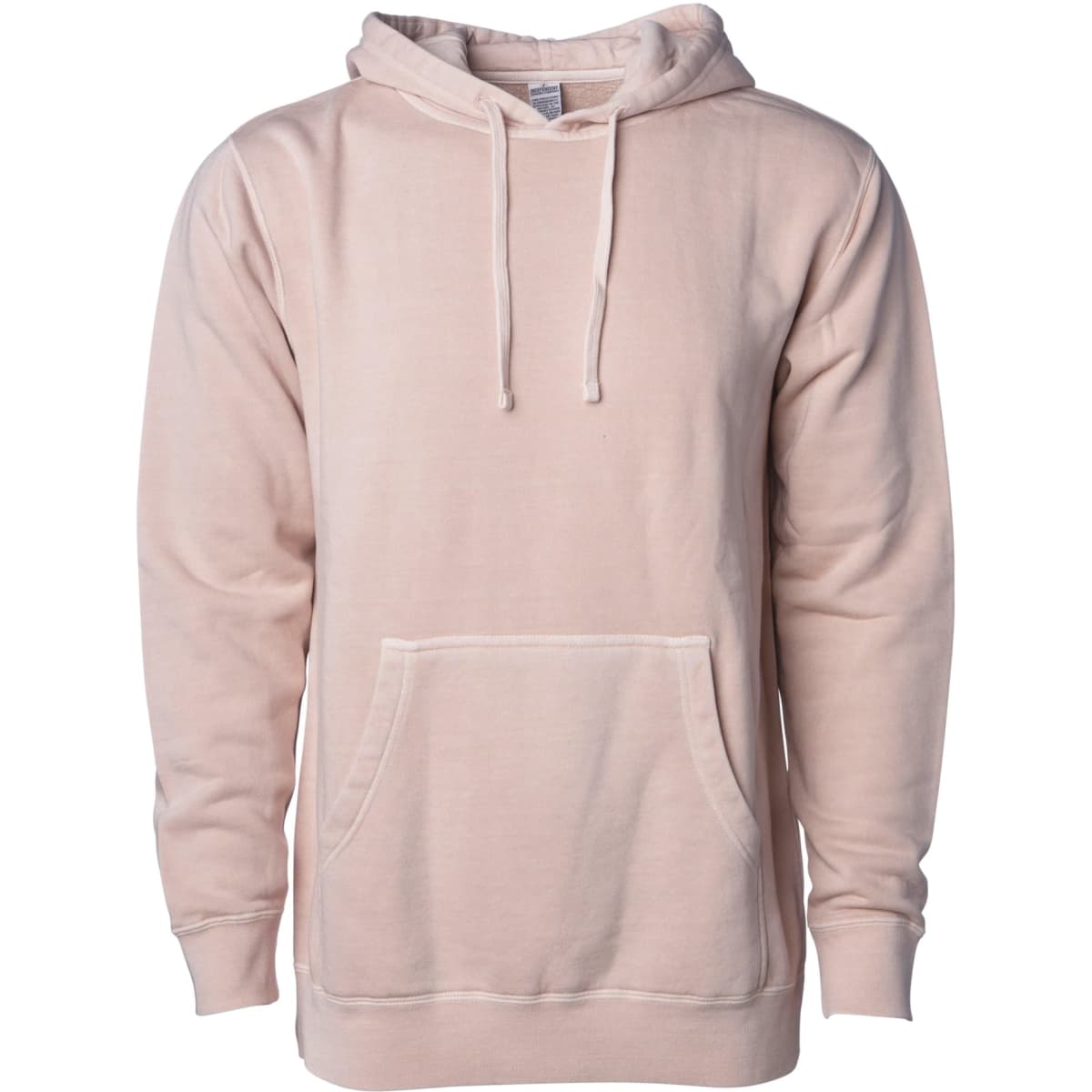 A unisex pullover hoodie in a soft pink hue with a front pocket and drawstring hood. It features a logo.