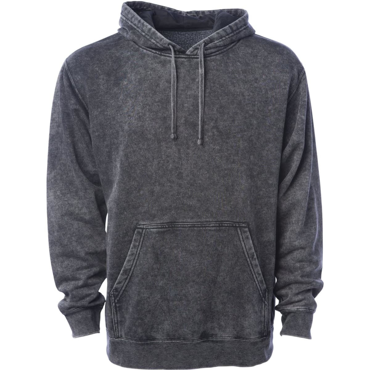 A unisex mineral wash pullover hood in a dark grey colour with a front pocket and hood design.
