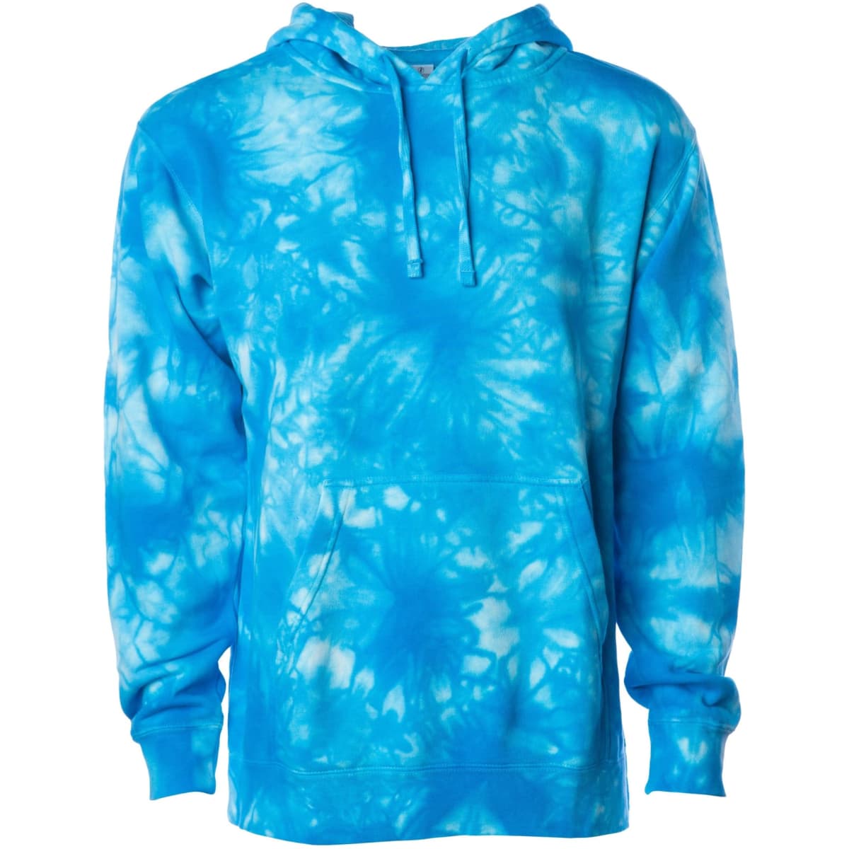 A unisex pullover hoodie in vibrant blue tie-dye pattern with a front pocket and a hood. Features a logo.