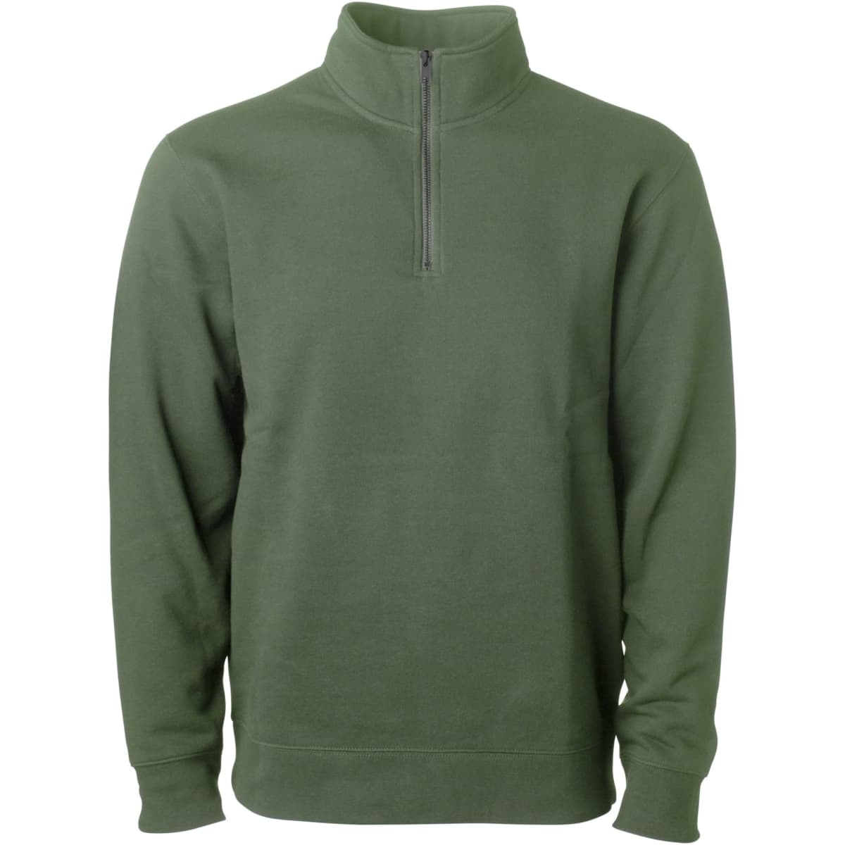 A unisex quarter zip pullover in olive green, featuring a high collar and a zip closure. It has a simple design with a logo.