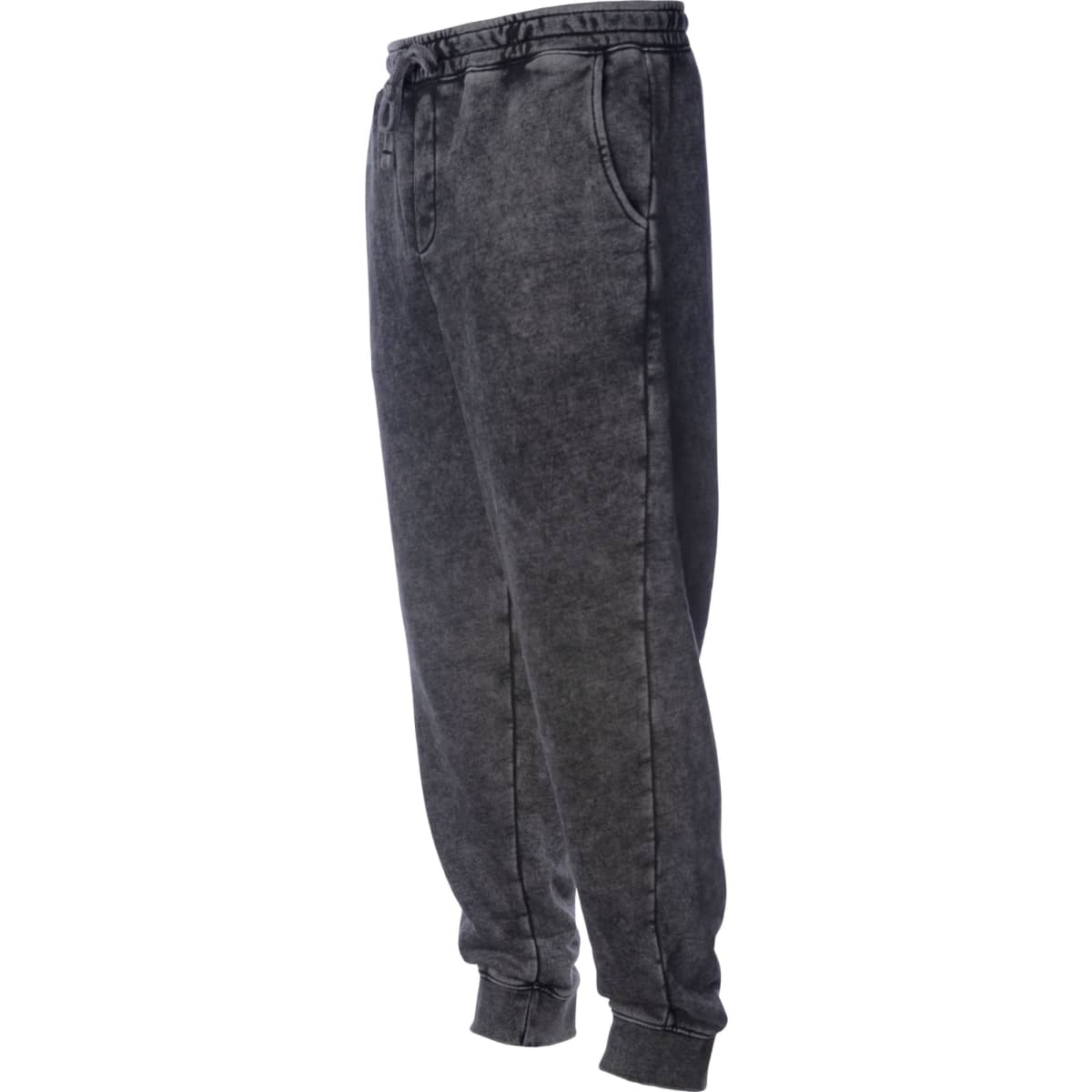 Men's mineral wash sweatpants in black, featuring an elastic waistband and cuffed ankles. Includes a branding logo.