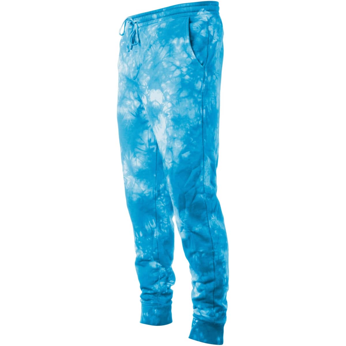 A pair of blue tie-dye sweatpants with a loose fit and pockets, featuring an elastic waistband.