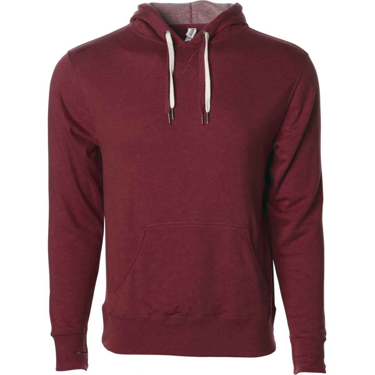 A unisex heather pullover in a deep burgundy colour, featuring a hood and front pouch pocket.