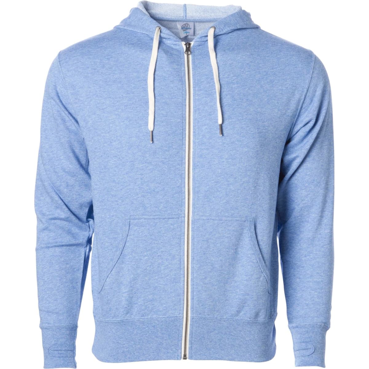A light blue unisex fitted zip hoodie with a front zipper and drawstring hood, featuring pockets and a logo.