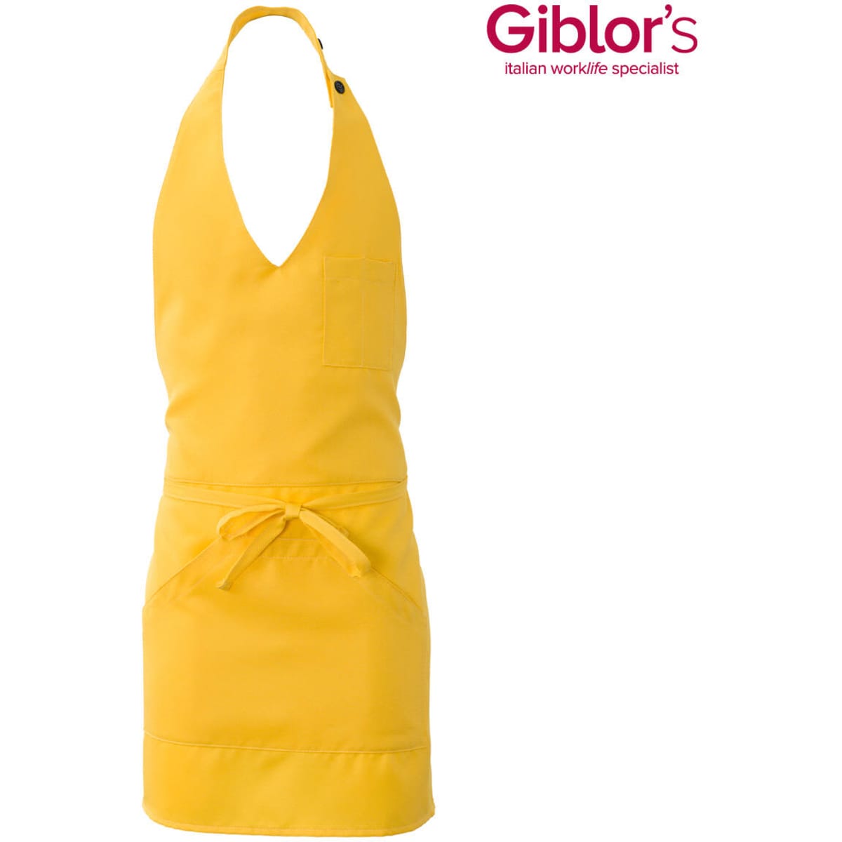 A yellow apron with a deep V-neck and a front pocket, featuring a tie waist. It has a logo.