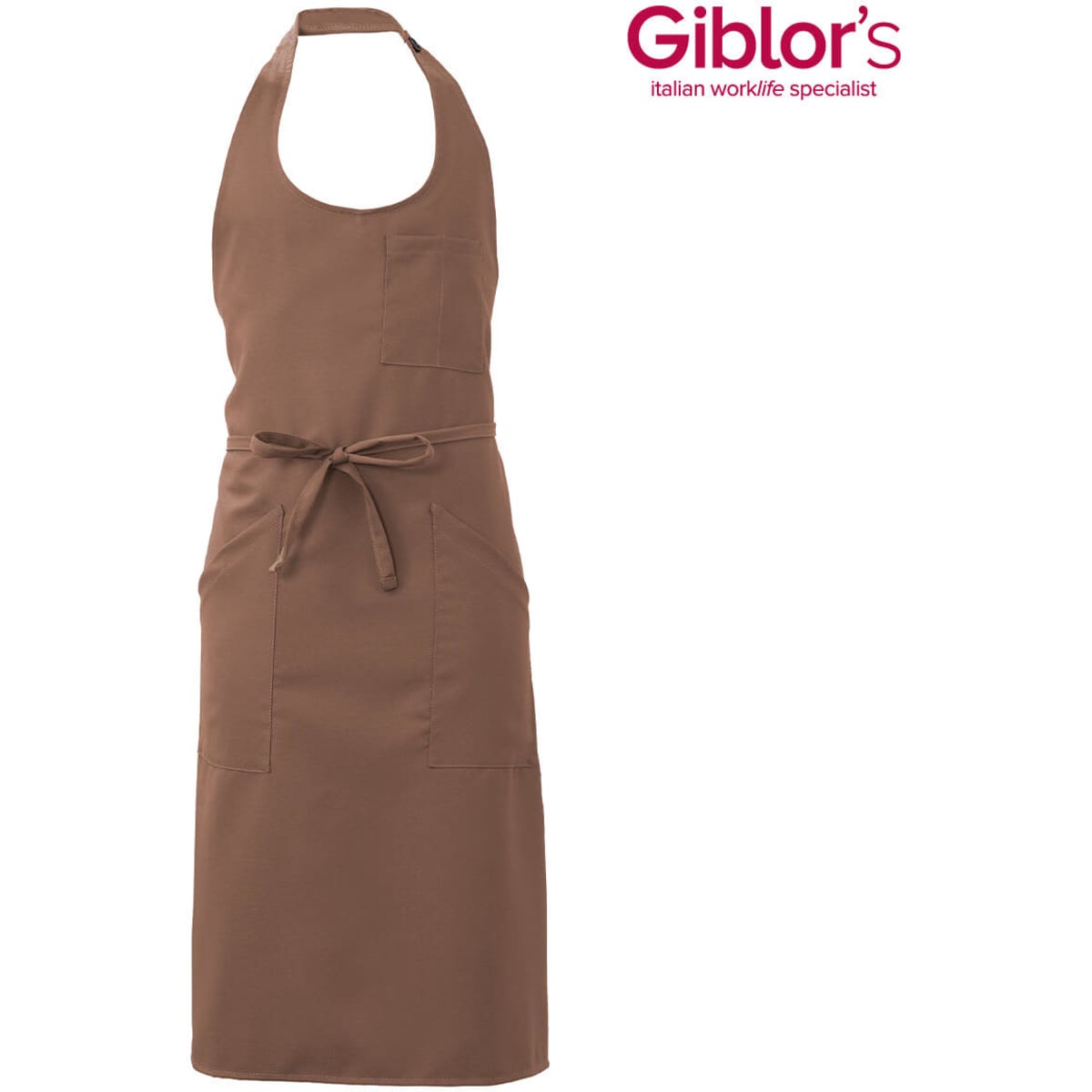 A brown apron featuring a neck strap, waist ties, and a front pocket. It has a logo on the upper right.