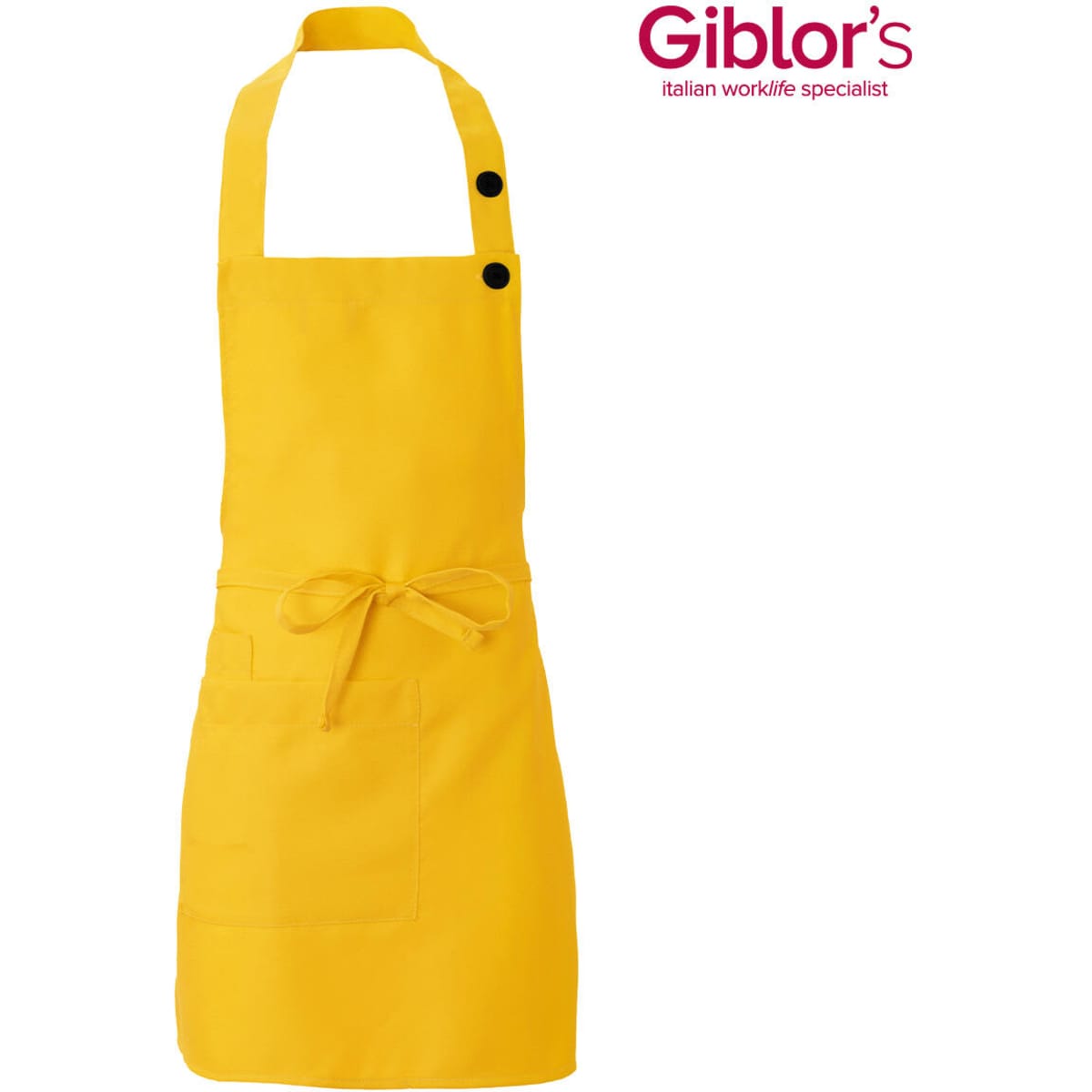 A bright yellow apron with a neck strap, front pocket, and button details. It features a logo in the top right corner.
