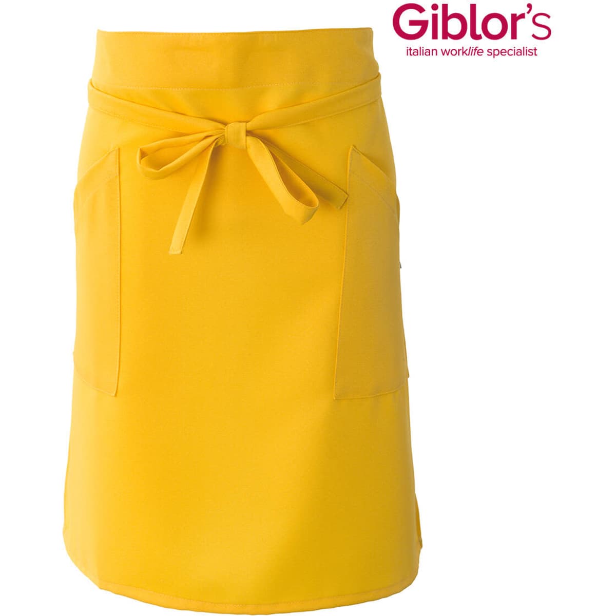 A bright yellow apron with a tied waist and two front pockets. It features a logo brand.