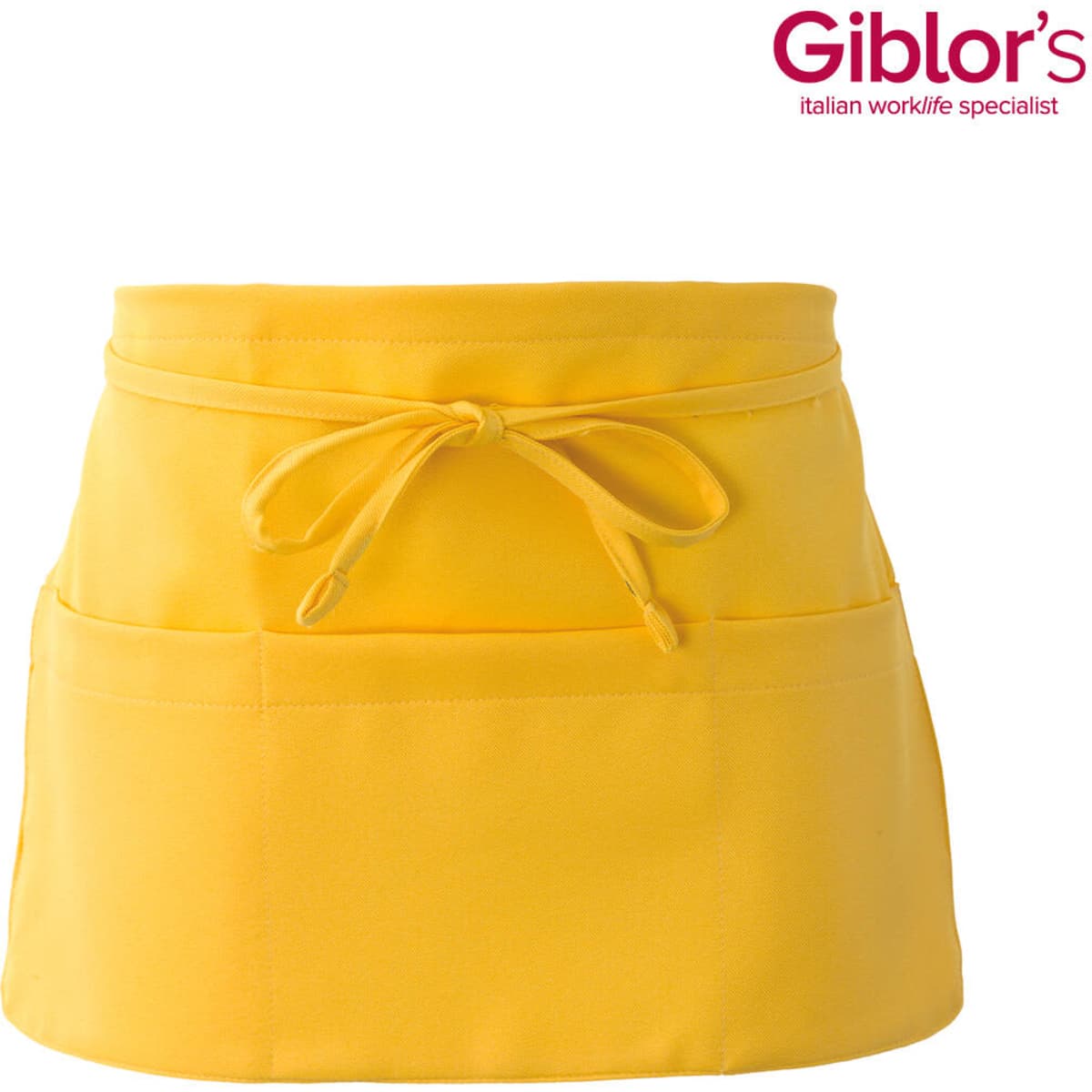A yellow apron featuring a tied front and two pockets, with a logo in the upper corner.
