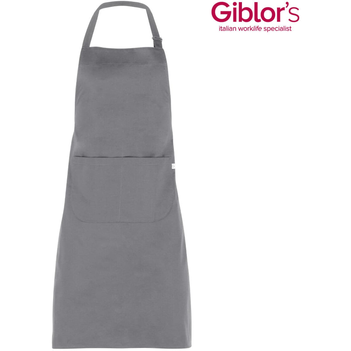 A grey apron featuring a front pocket and a neck strap. It has a logo in the top right corner.