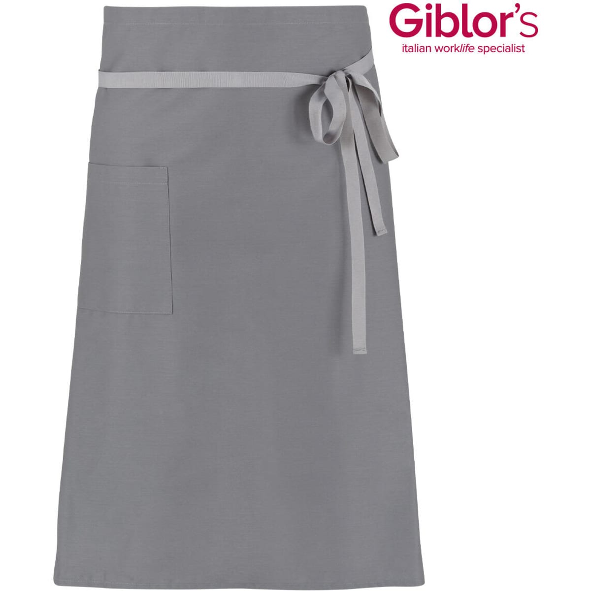A grey apron featuring a tie waist and a front pocket, accompanied by a logo.