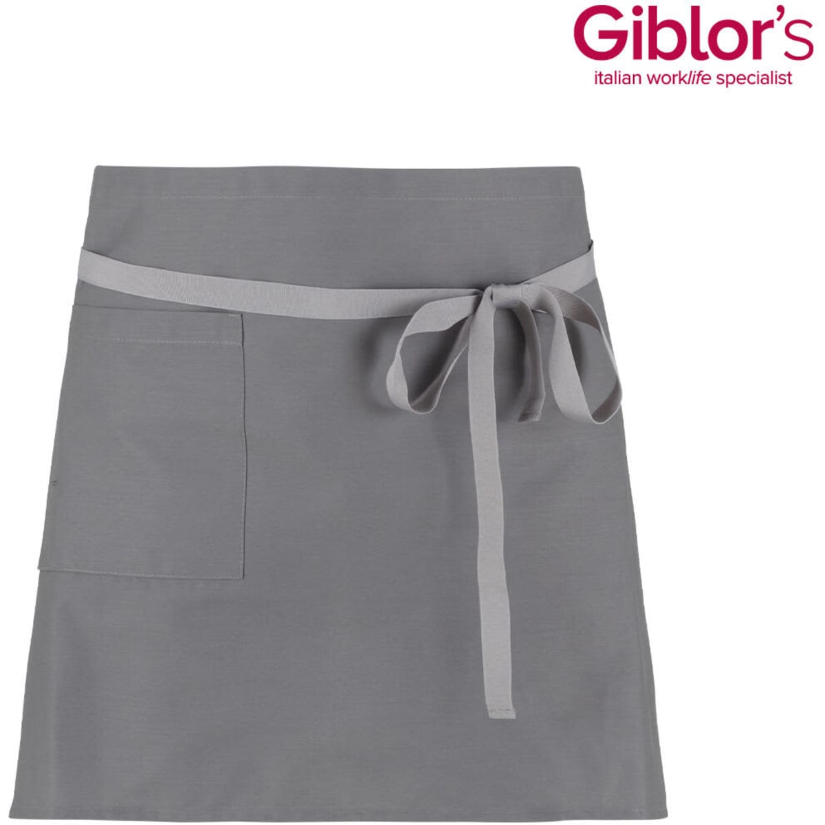 A grey apron with a tie waist and a front pocket, featuring a logo at the top.