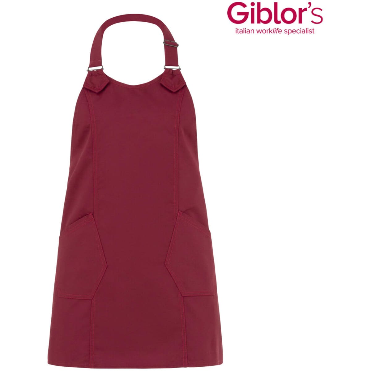 A burgundy apron with a halter neck design and two front pockets, featuring a logo on the side.