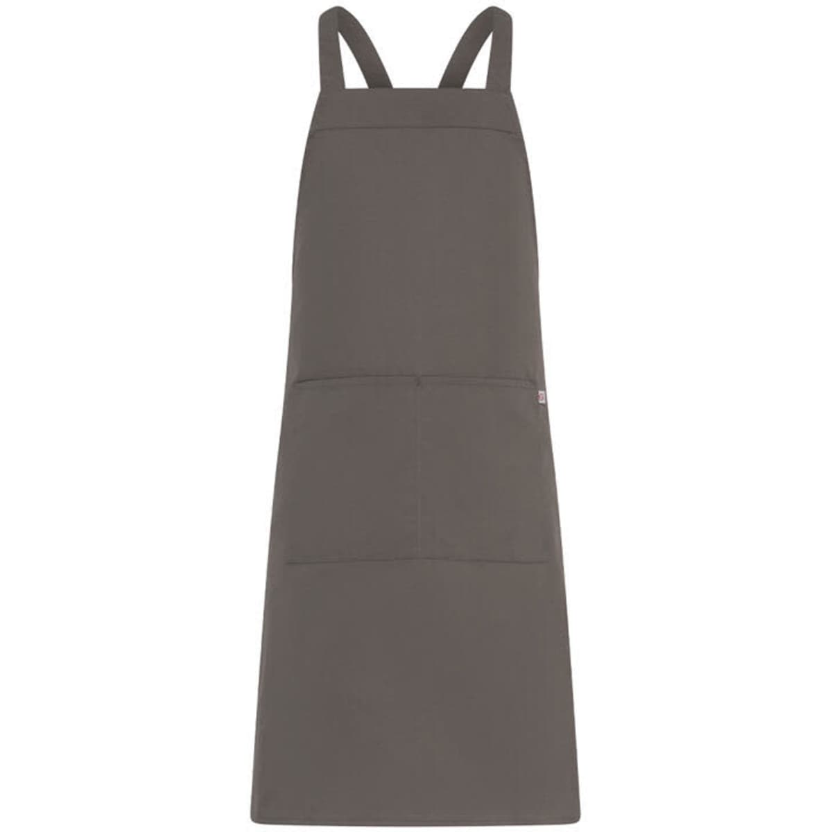 A grey apron with adjustable straps and two front pockets. It features a logo at the side.
