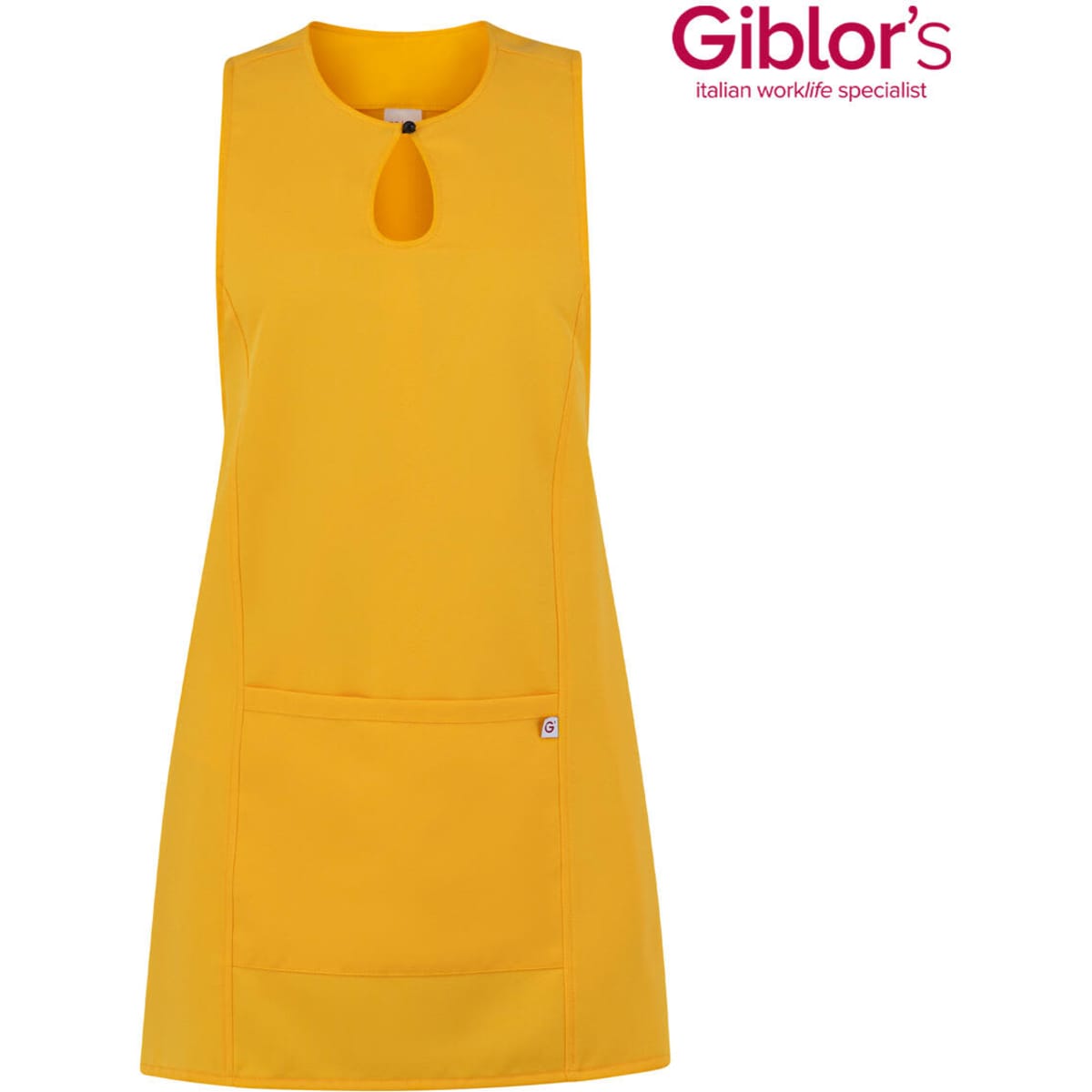 A yellow apron with a keyhole design and a front pocket, featuring a branding logo.