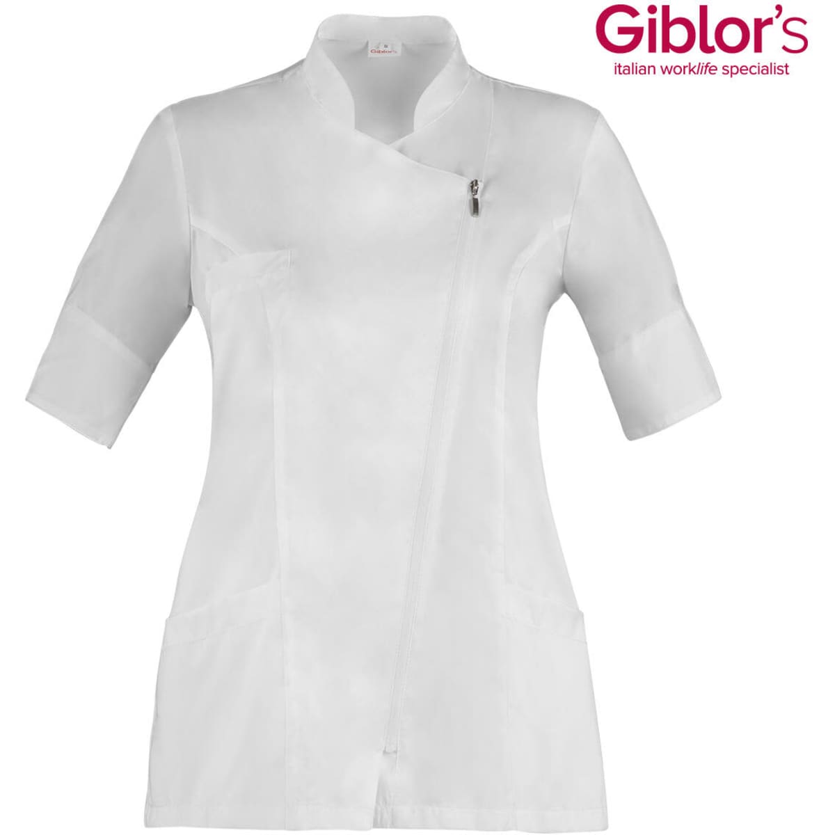 A white tunic with short sleeves and a zip closure, featuring pockets and a logo.