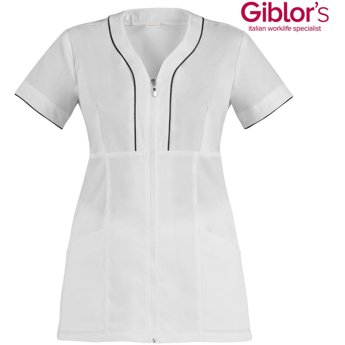 A white tunic with short sleeves, zip closure, and contrasting black piping, featuring two front pockets.