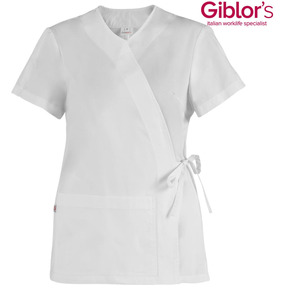 A white kimono-style top with a wrap design, tie waist, and a front pocket, featuring a logo.