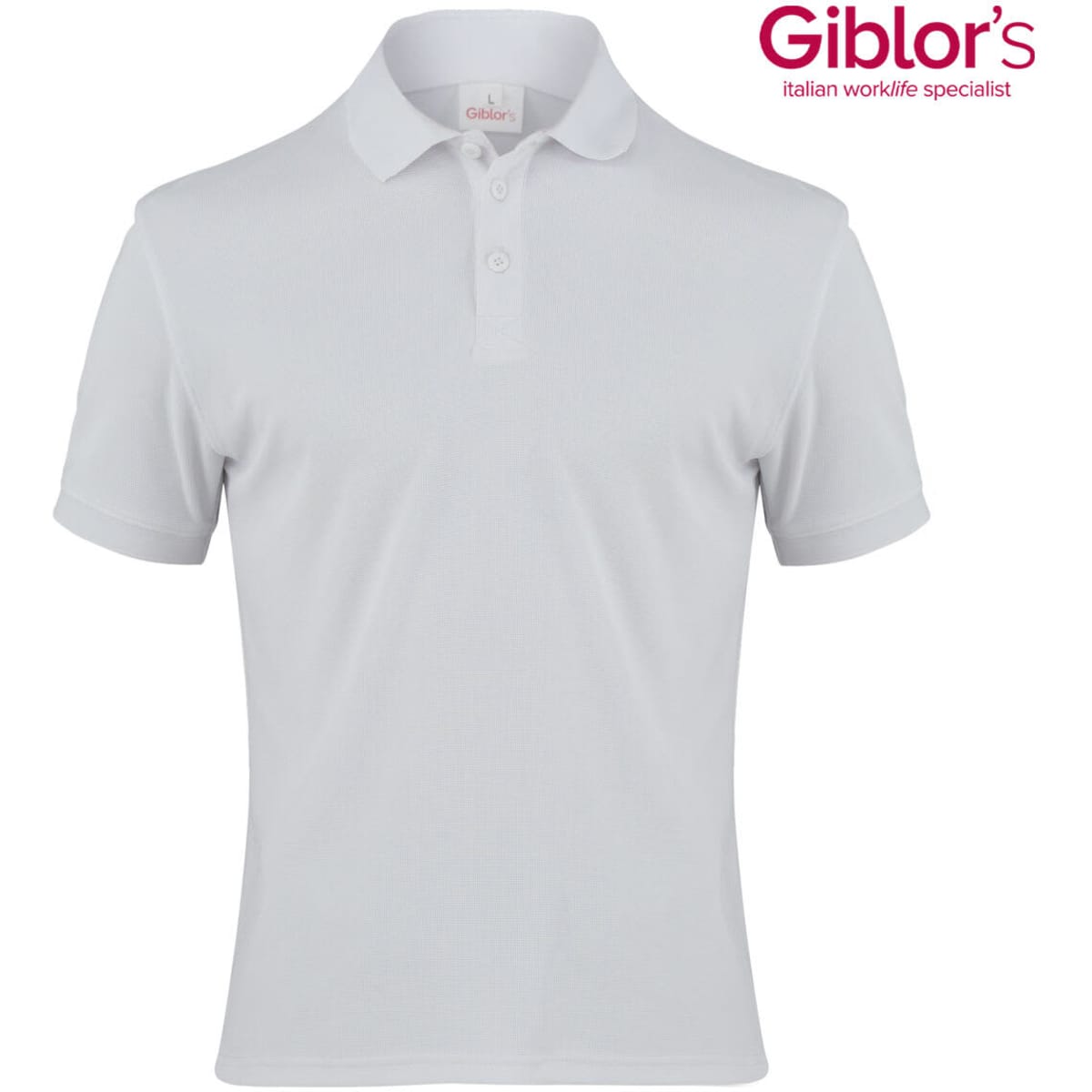 A white polo shirt with a collar and three buttons, featuring a logo at the top right.