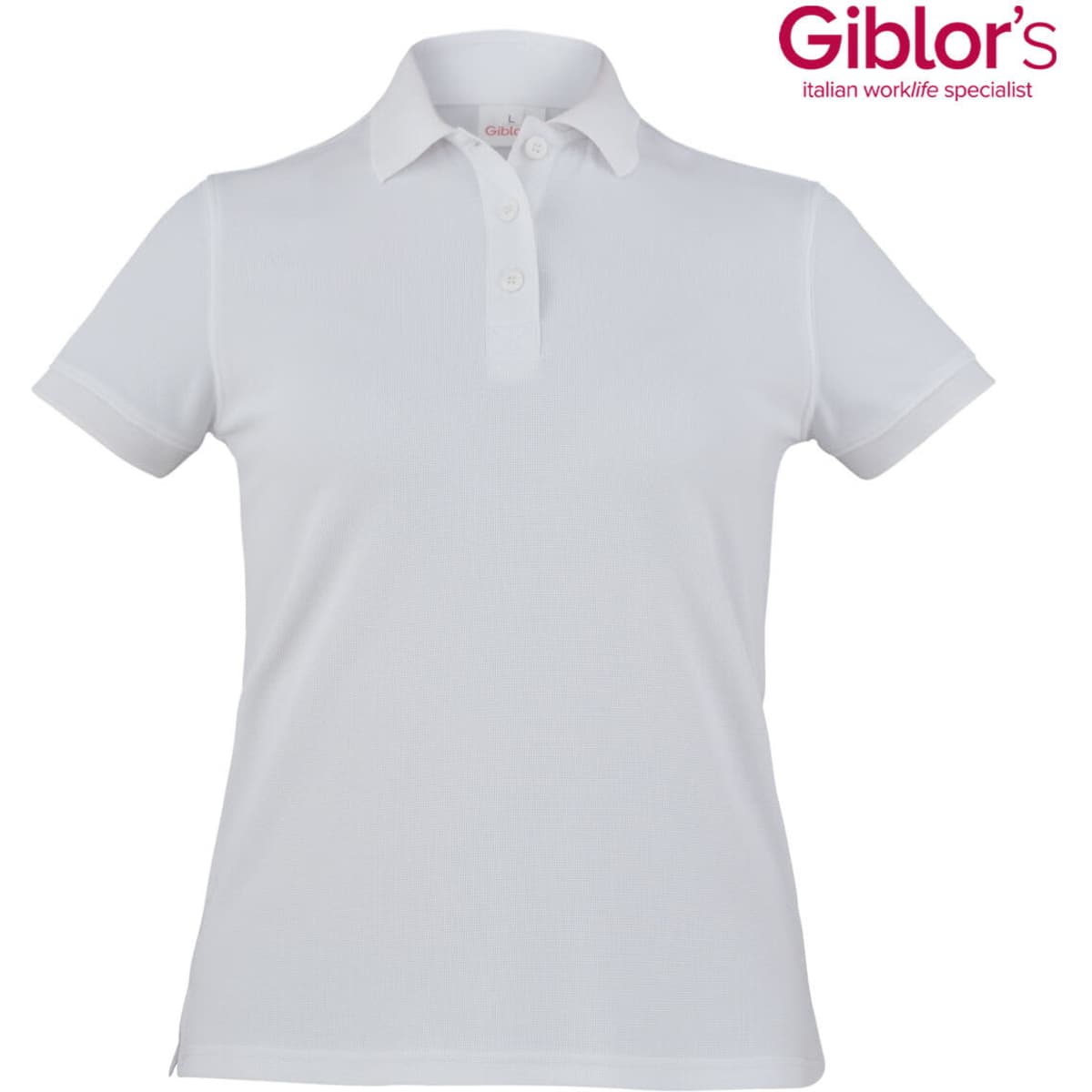A white women's polo shirt featuring a collar and buttons, with a logo in the top right corner.