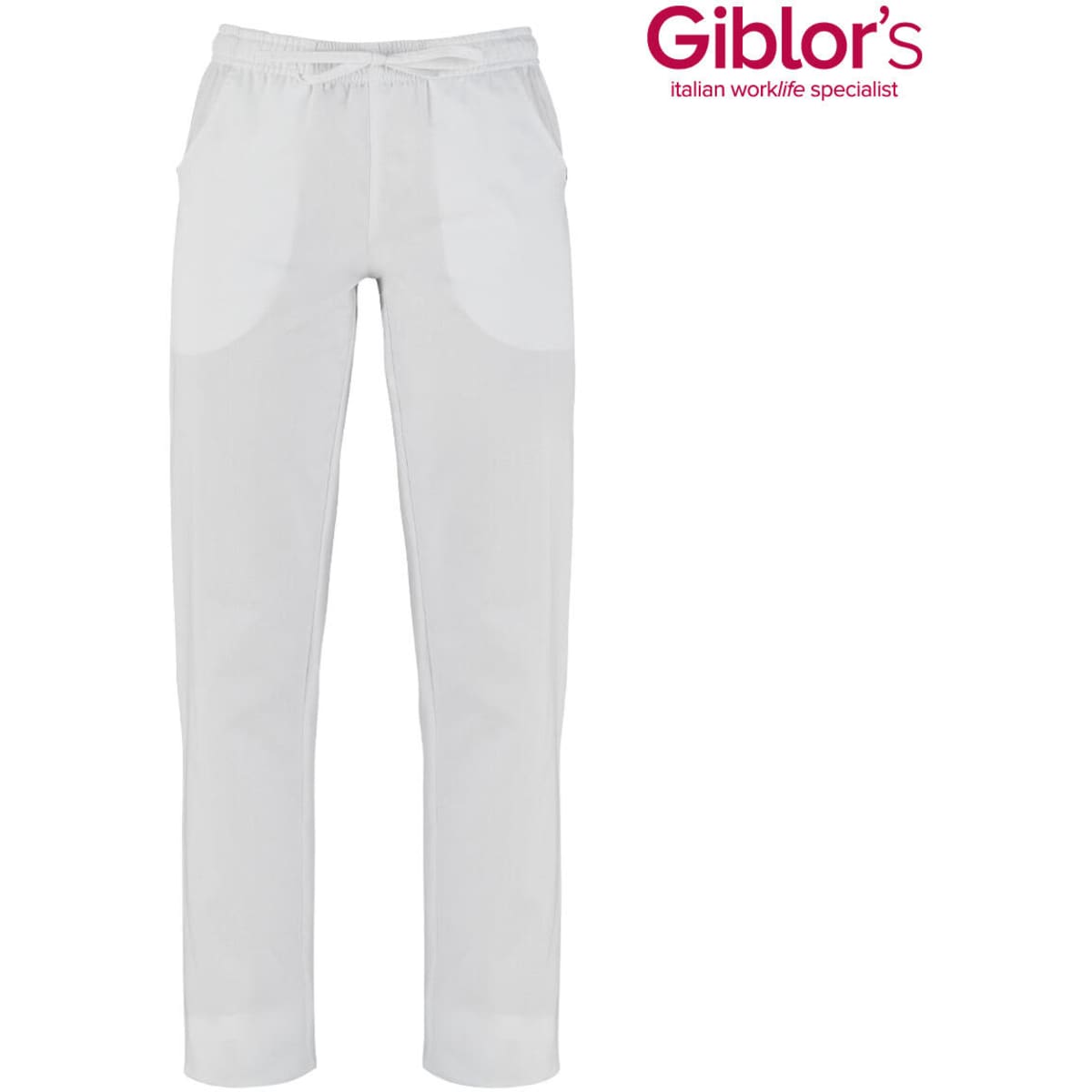 White pants featuring a simple design and pockets, with a logo in the top right corner.
