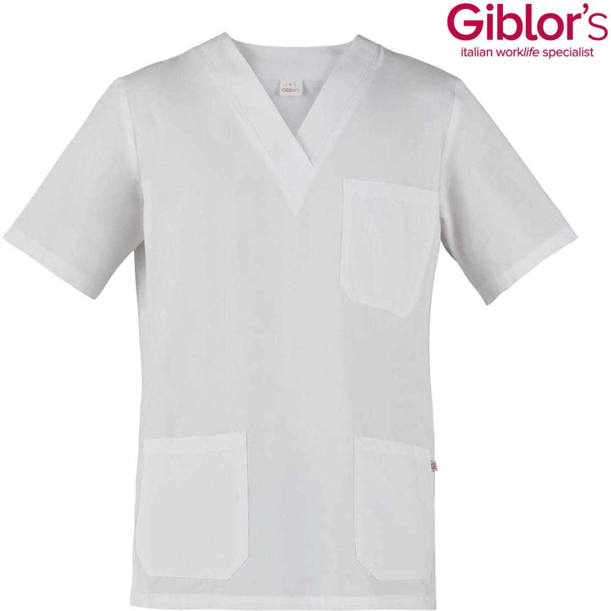 A white tunic with short sleeves and two front pockets, featuring a logo on the top right.