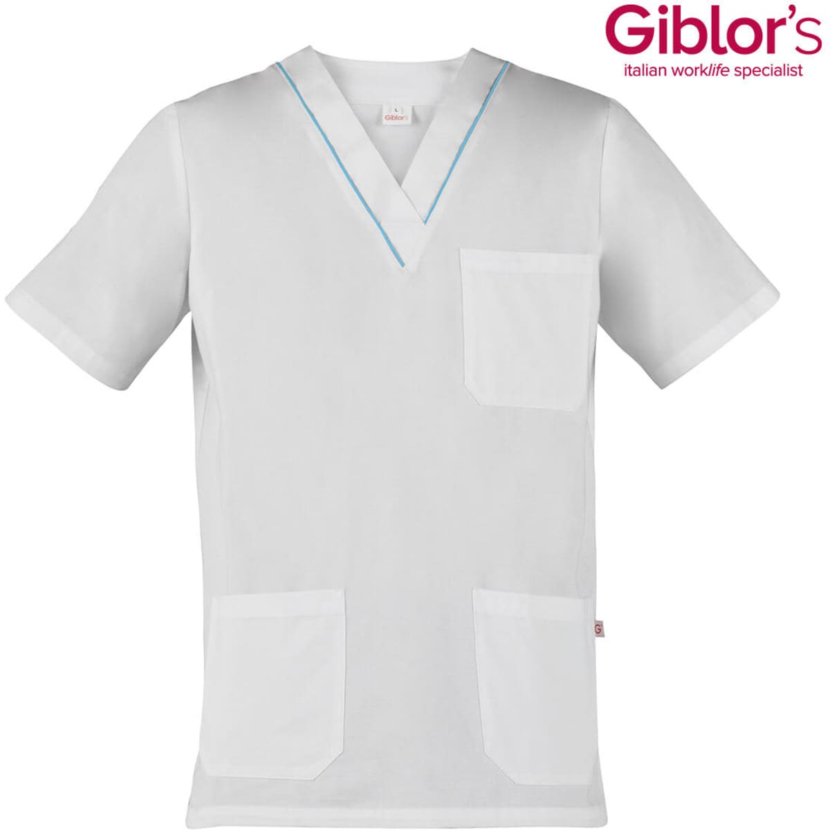 A white tunic with short sleeves, featuring a V-neck and two front pockets. It has a logo in the corner.