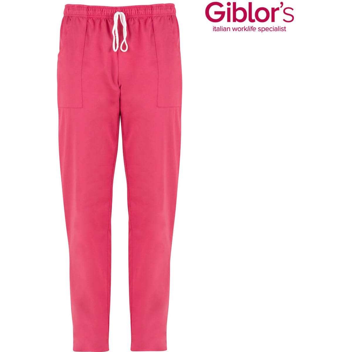 Pink pants with a drawstring waist and two side pockets, featuring a logo on the upper right.