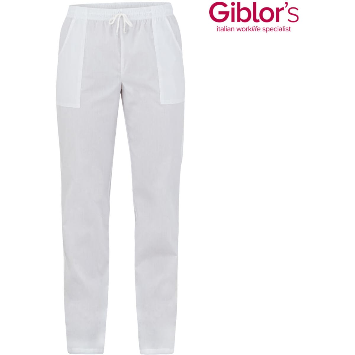 White pants with a relaxed fit and side panel design, featuring an elastic waistband and drawstring. Includes a logo.
