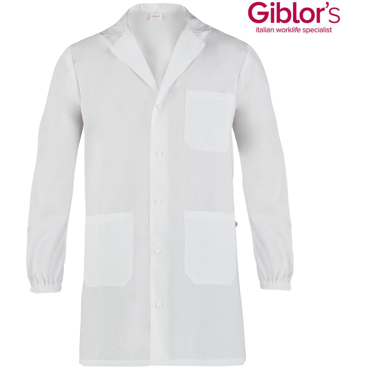 A white lab coat featuring long sleeves and two front pockets, with a logo in the corner.