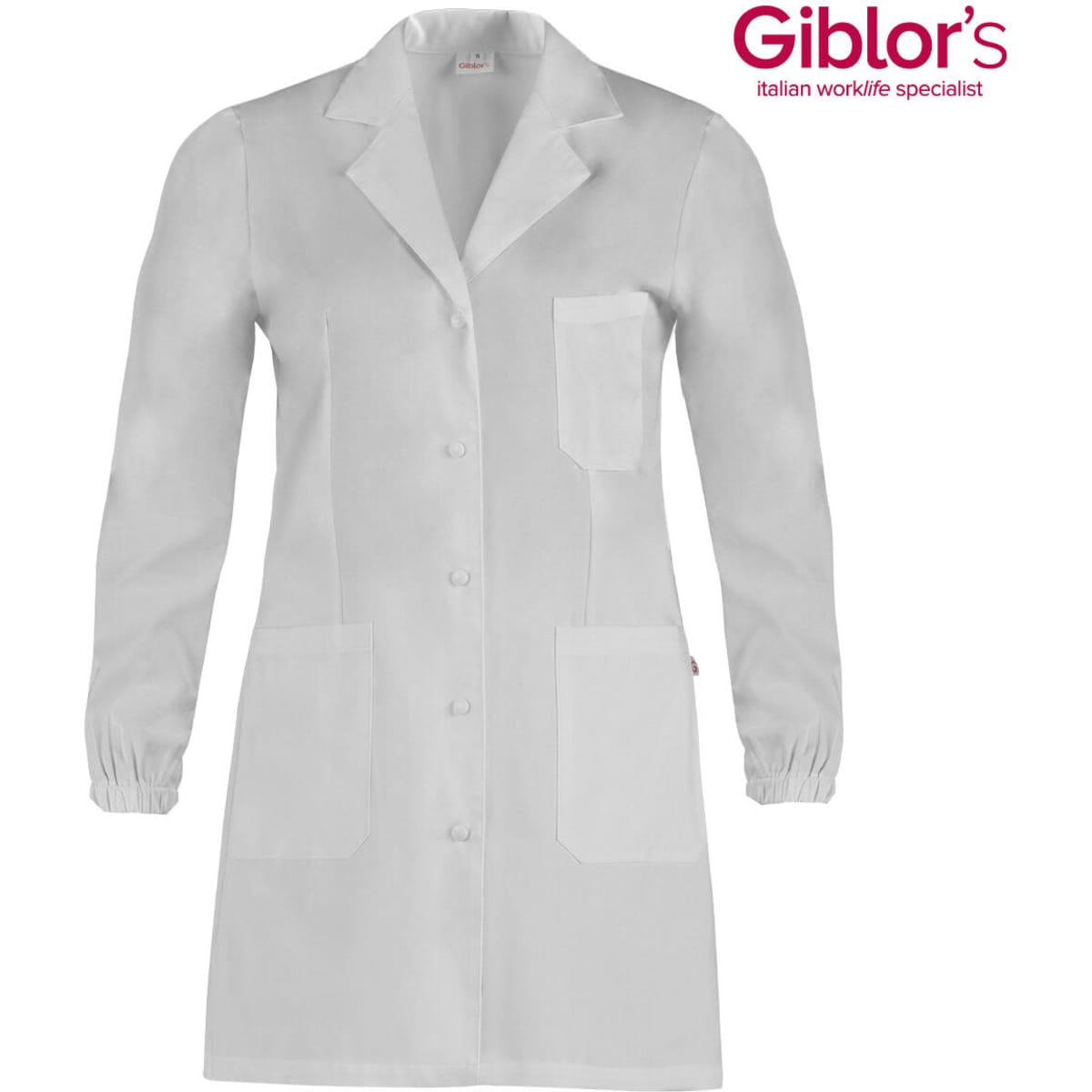 A white lab coat featuring long sleeves, a button front, and two front pockets. It has a branding logo.