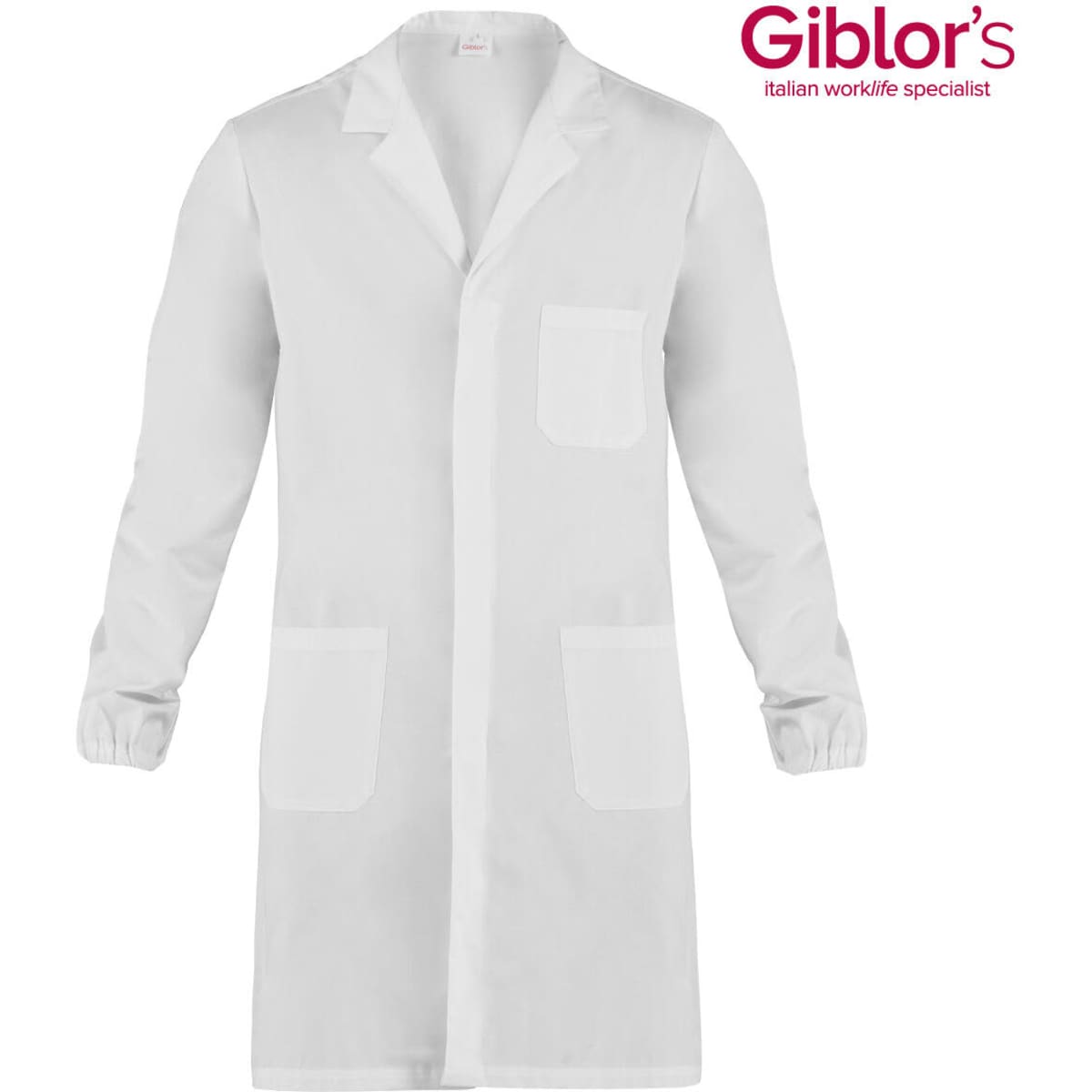 A white lab coat with long sleeves, featuring a pocket on the chest and two front pockets. It has a logo in the corner.