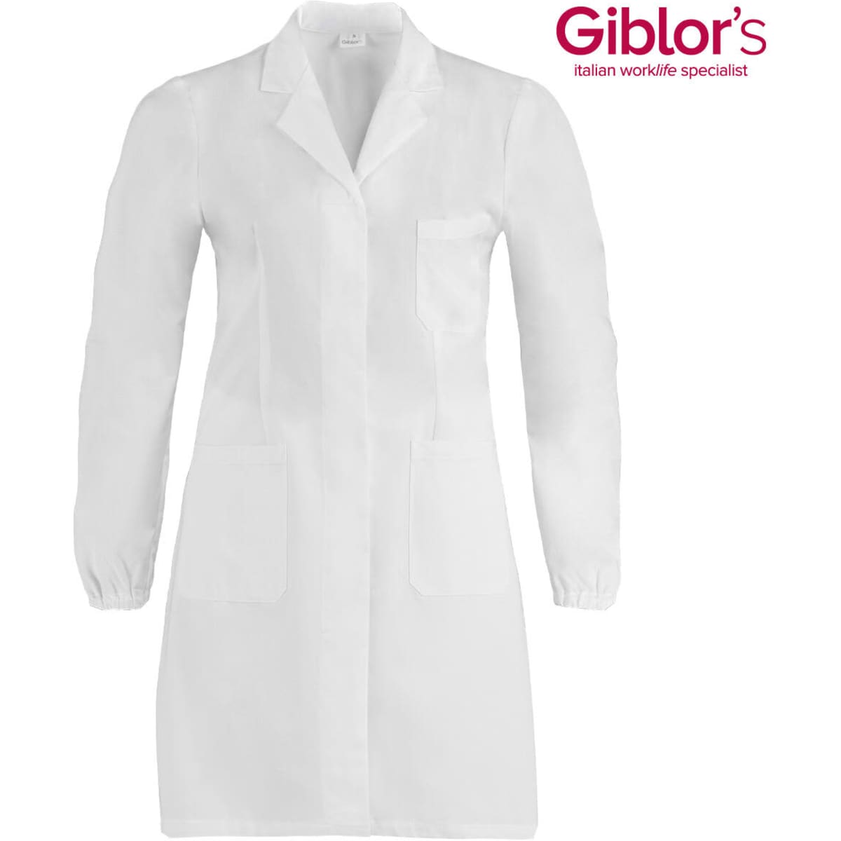 A white lab coat with long sleeves, featuring a collar and multiple pockets. It has a logo on the top right.