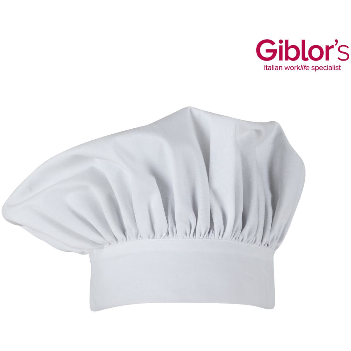 A white chef hat featuring a wide, puffy design and an elastic band. Includes branding in the corner.
