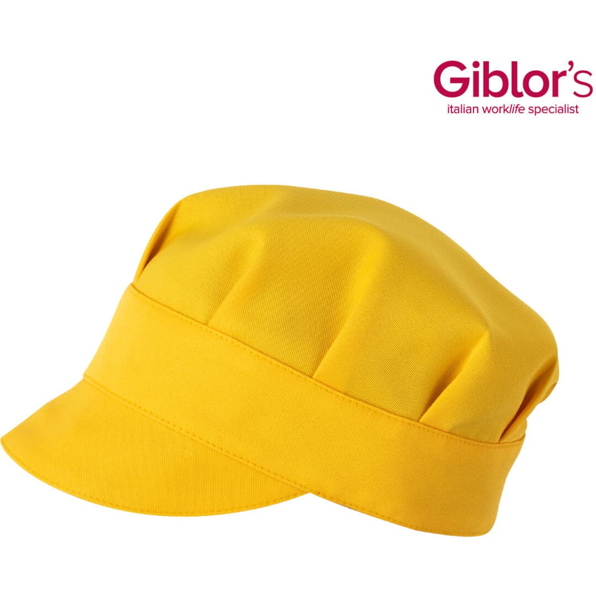A yellow hat with a rounded top and a wide brim, featuring a branding logo.