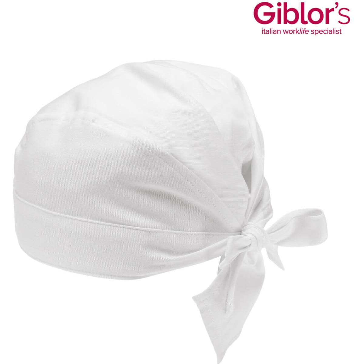 A white bandana with a tie closure at the back, featuring a logo.