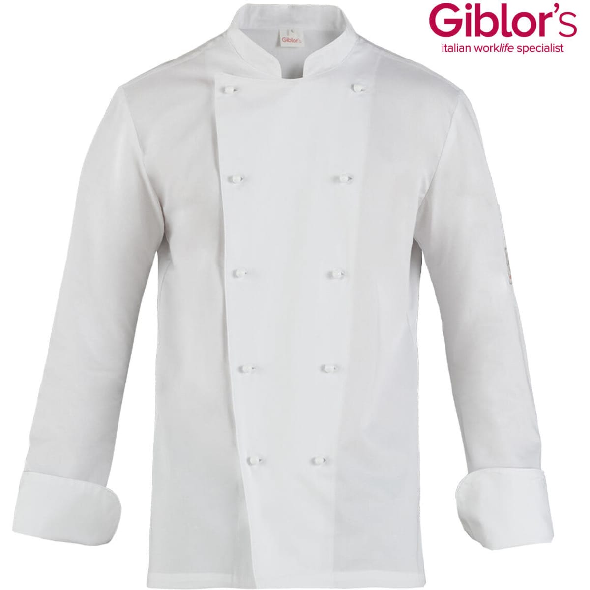 A white chef jacket with a double-breasted design and long sleeves. It features a logo on one sleeve.