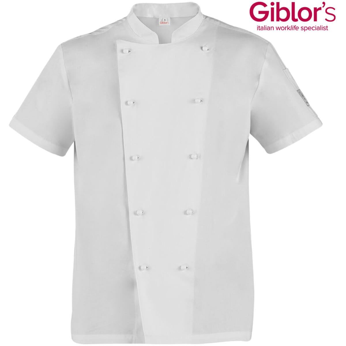 A white chef jacket with a double-breasted design and a logo on the top right.