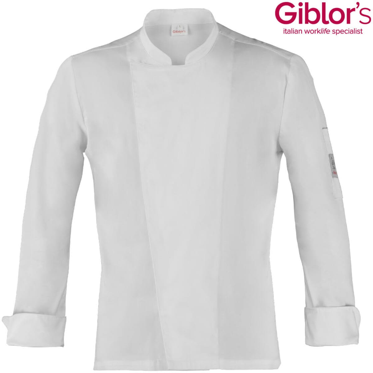 A white chef jacket with a neat collar and long sleeves, featuring a logo on one sleeve.