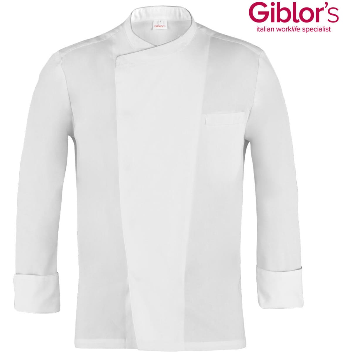 A white chef's jacket with a double-breasted design and a pocket, featuring a logo on the upper corner.