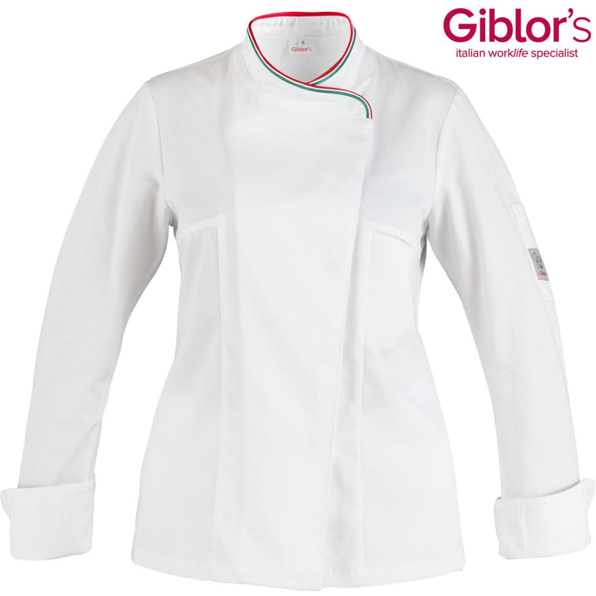 A white chef jacket with a unique collar design and a logo present. The jacket features an Italian flag detail.